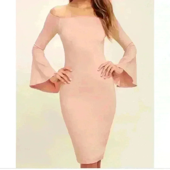 Lulu’s All She Wants Blush Pink Off-The-Shoulder Midi Dress Bell Sleeves - Picture 1 of 11